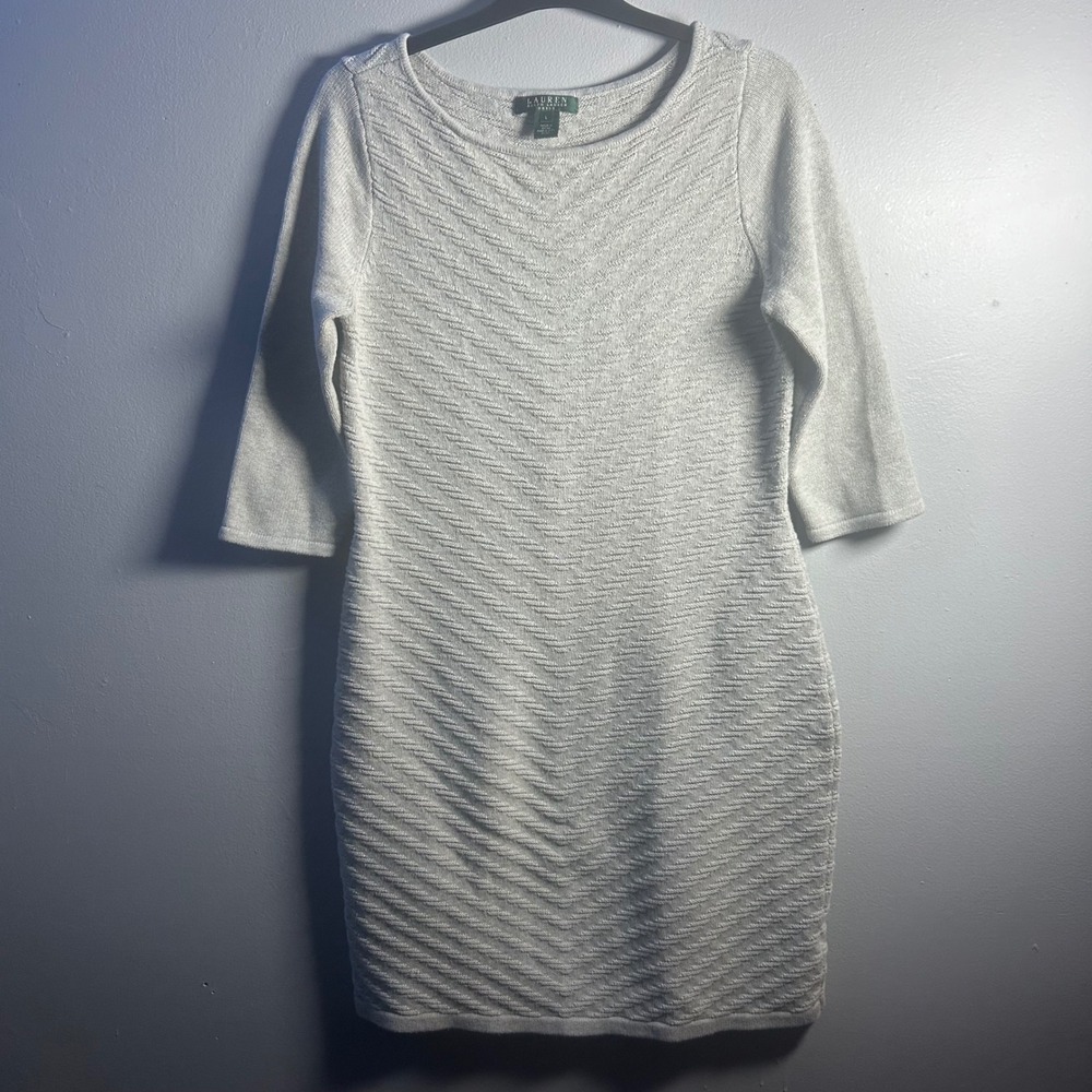 Lauren Ralph Lauren Women L Knit Chevron Textured Dress 34 Sleeve Gray size L